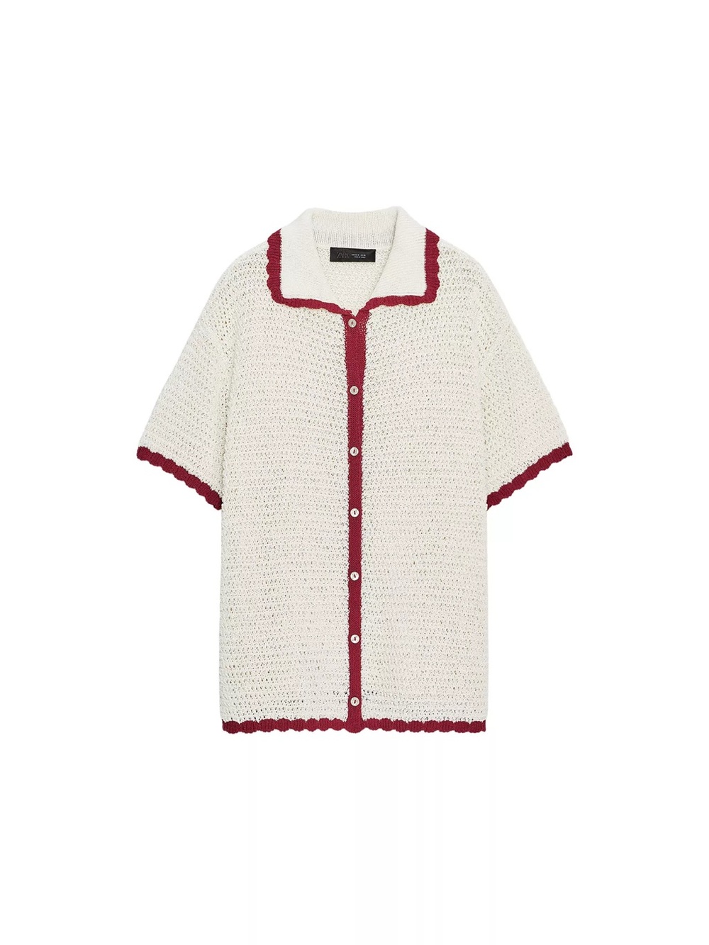 Zara Cream Knit Button-Down Top with Red Trim